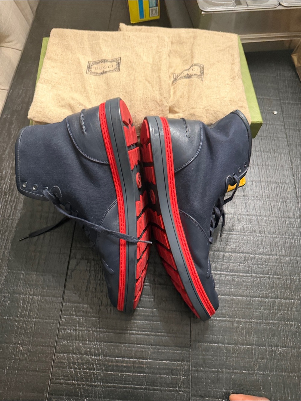 Gucci Navy Blue and Yellow Sneakers with Red Soles - Picture 2 of 6